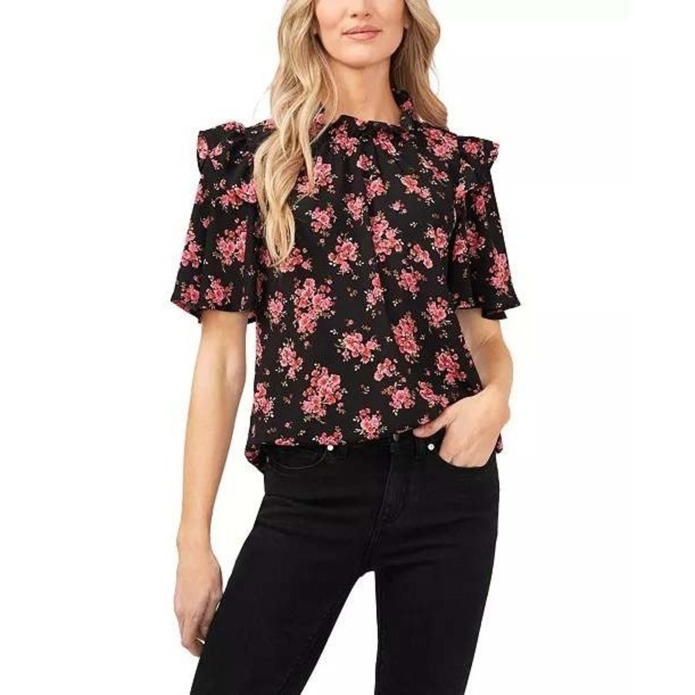 CeCe NWT Women Black Pink‎ Floral Ruffle Neck Short Sleeve Blouse Top XL